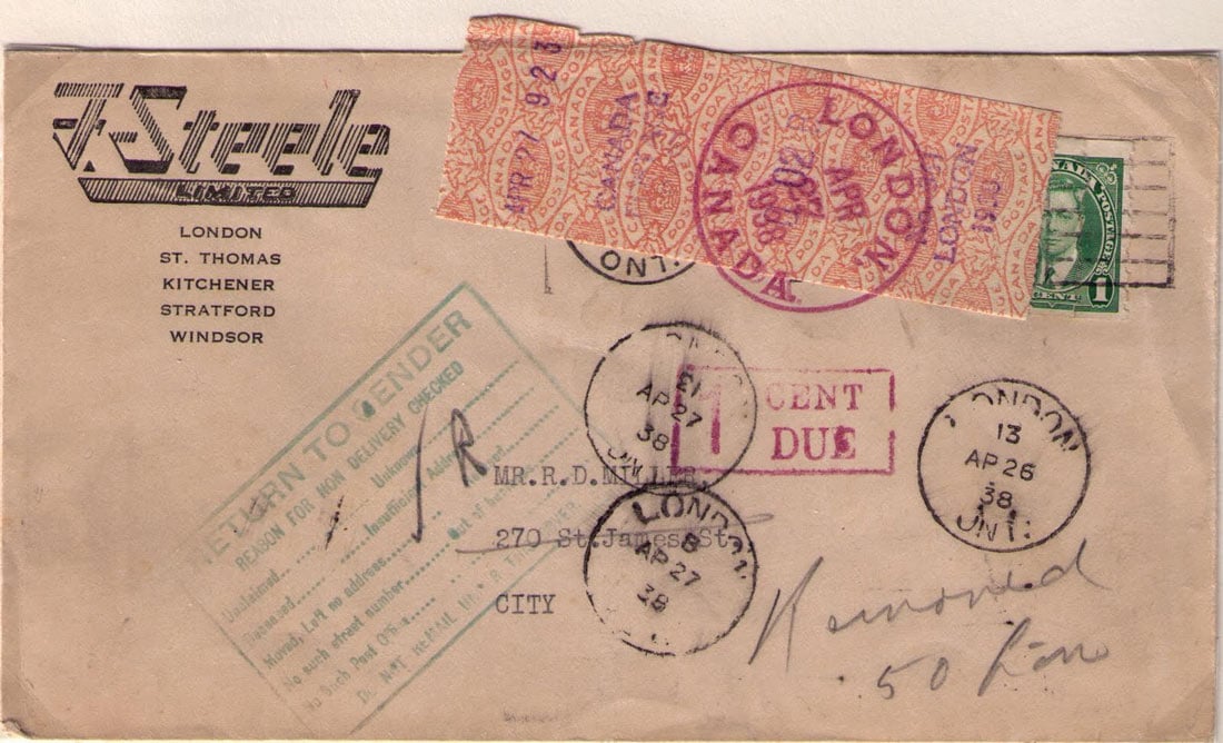 Envelope with postage due